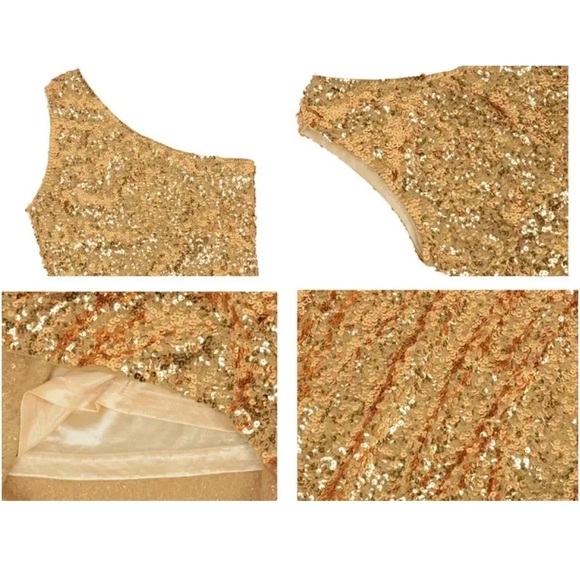 One Shoulder Sequin Stretchy Body Con Mini Dress, Gold - Picture 5 of 8